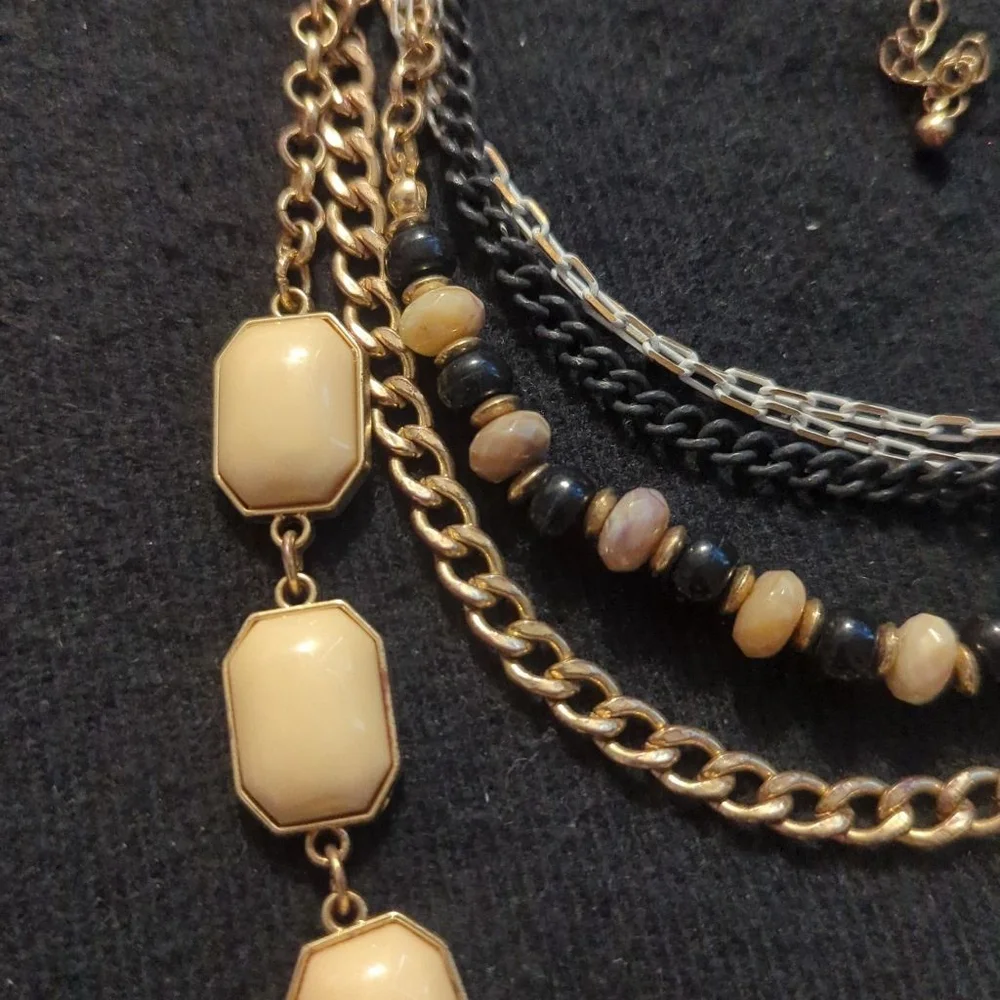 NY and Co Gold Tone Cream Multi Strand Neutral Colors Statement Necklace